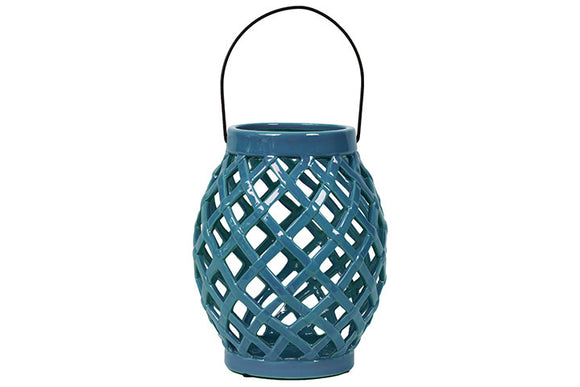 Skillfully Crafted Open Crisscrossed Design Ceramic Lantern in Turquoise