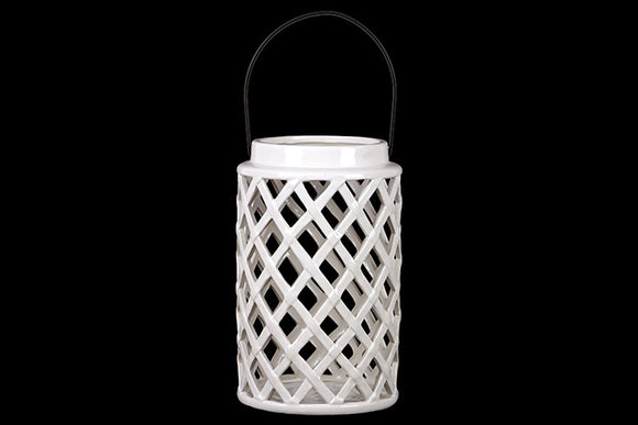 Cylindrical Shaped Ceramic Lantern Crafted with Open Crisscross Design in White