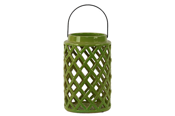 Cylindrical Shaped Ceramic Lantern Crafted with Open Crisscross Design in Green