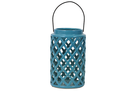 Cylindrical Shaped Ceramic Lantern Crafted with Open Crisscross Design in Turquoise