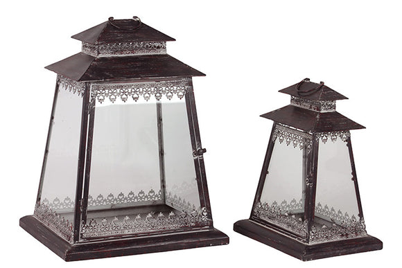 Ethnic and Traditional Design Glass Paneled Metal Lantern Set of Two