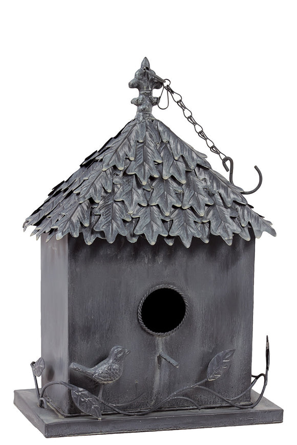 Single Door Mesmerizing Thatched Roof Design Metal Bird House with Chain and Hook Attached