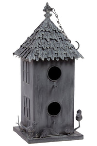 Double Door Mesmerizing Thatched Roof Design Metal Bird House with Chain and Hook Attached