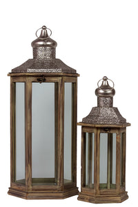 Traditional Style Wooden and Metal Lantern with Slanting Roof Set of Two (Brown)