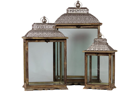 Wooden and Metal Lantern Set of Three with Large Glass Panes and Persian Style Lid (Brown)