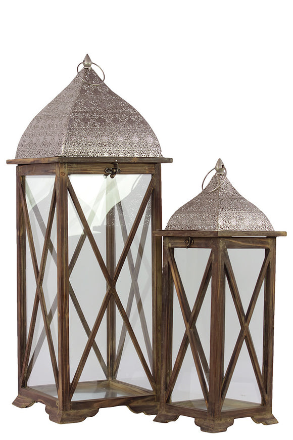 Persian Style Wooden and Metal Lantern Set of Two with Crisscrossed Design (Brown)