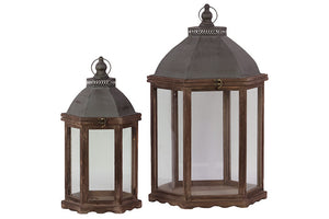 Traditonal Wooden Lantern Set of Two with Oval Shaped Lid and Large Glass Panes