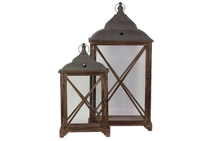 Metallic Roofed Wooden Lantern Set of Two with Crossed Design on Each Side of the Glass Panel