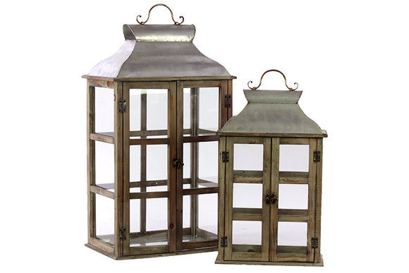 Wooden Glass Paneled Lantern with Metal Roof and Metal Handle Set of Two