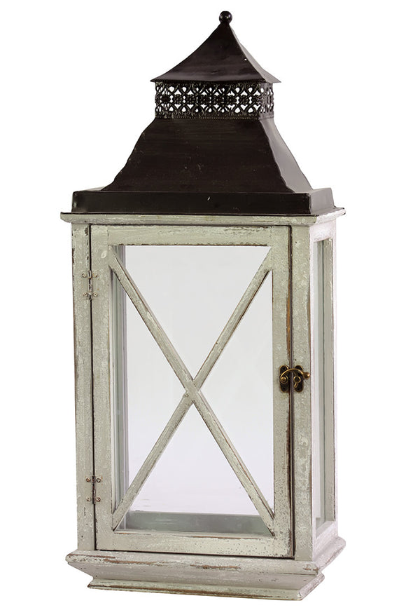 Ethnic Design Black Metal Roofed Wooden Lantern with Crossed Design on Each Side of the Glass Panel