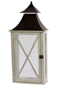 Ethnic Design Black Metal Roofed Wooden Lantern with Crossed Design on Each Side of the Glass Panel in White