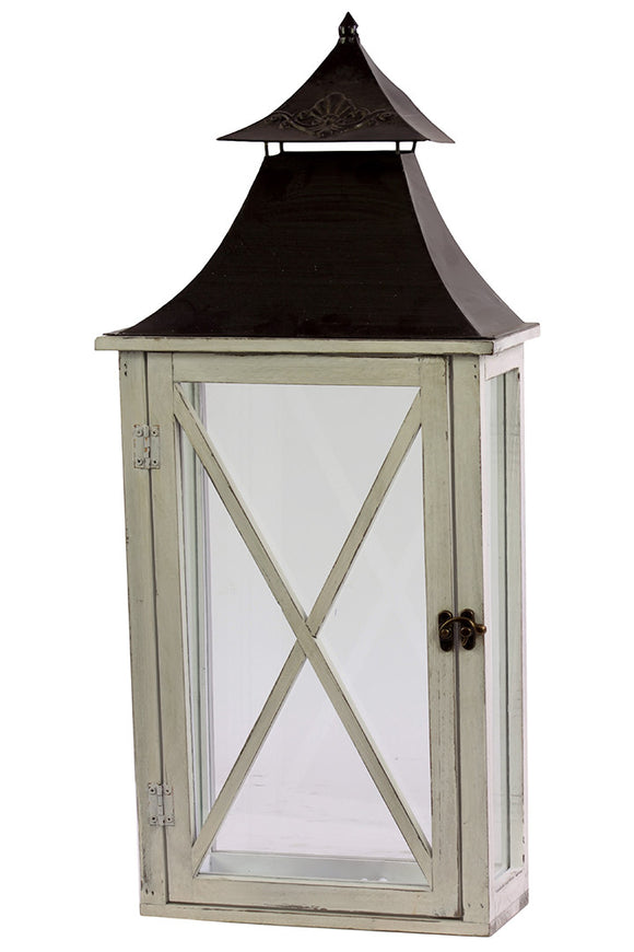 Ethnic Design Black Metal Roofed Wooden Lantern with Crossed Design on Each Side of the Glass Panel in White