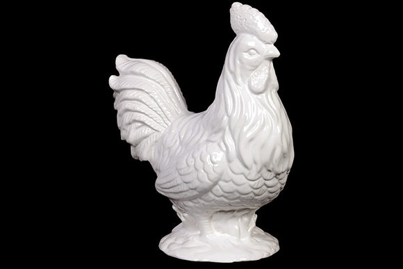 Ceramic Rooster Elegantly Sculpted with Fine Details and Antique Finish in White