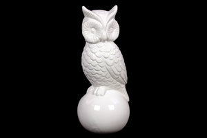 Wide Eyes Ceramic Owl with Antique Finish on Ceramic Ball Stand in White