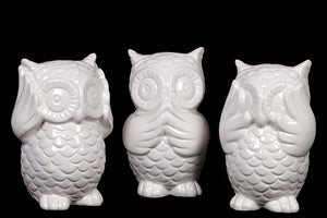 Cute and Adorable Ceramic Owl Set of Three in Antique Finish Depicting the Three Mystic Apes