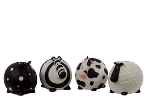 Black and White Ceramic Ant Eater, Zebra, Cow and Sheep Assorted Money Bank Set of Four