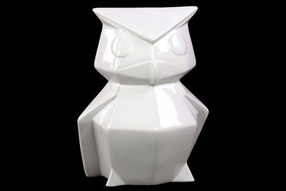 Contemporary Style Ceramic Owl with Elegant Lines in White (Large)