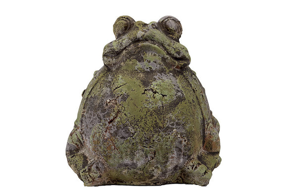 Traditional Themed Stoneware Sitting Frog in Moss Finish with Weathered Accents