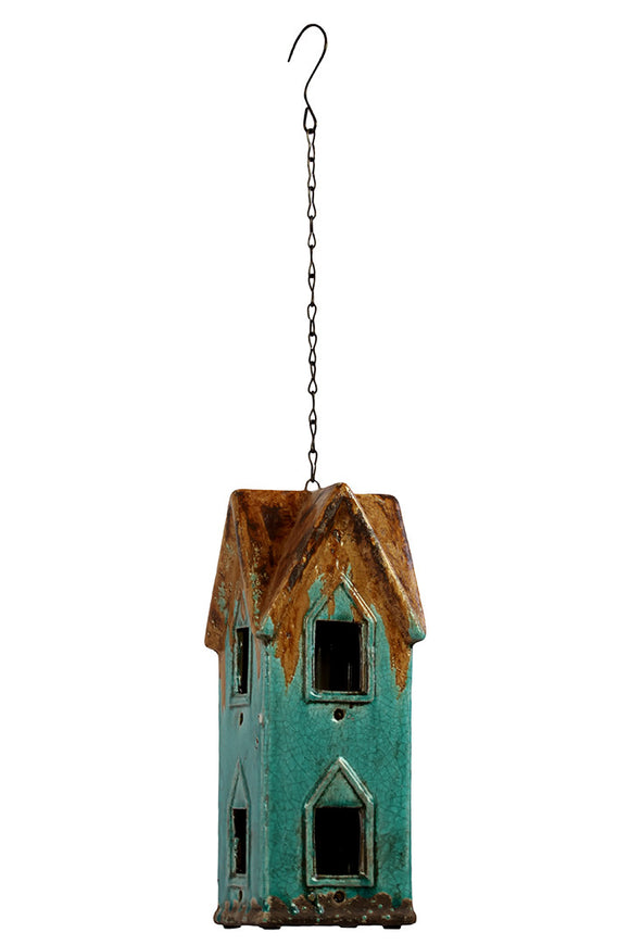 Rustic and Traditional Ceramic Bird Feeder House in Blue