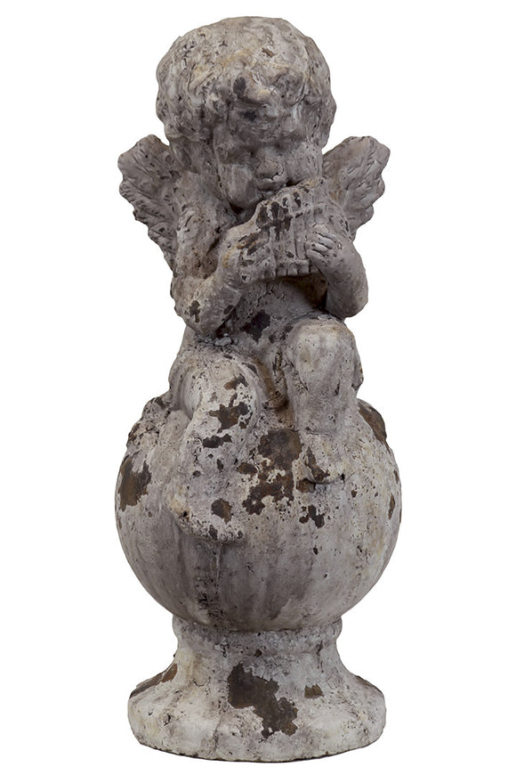 Cute Stoneware Sitting Cupid in Moss Finish with Weathered Accents