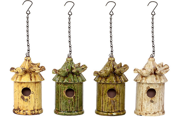 Thached Hut Design Hanging Ceramic Bird House Set of Four with Single Door Each