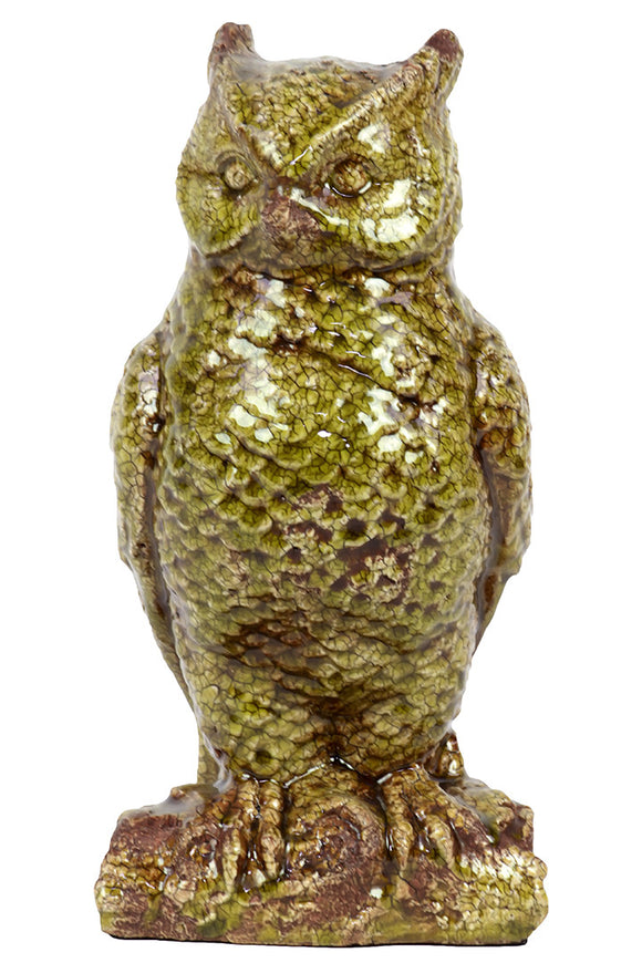 Sculpted with Fine Details Antique Ceramic Hooting Owl in Green