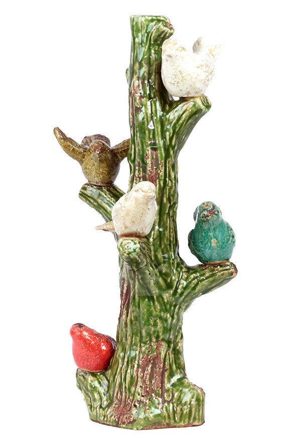 Five Cheerful and Chirping Ceramic Birds on Tree