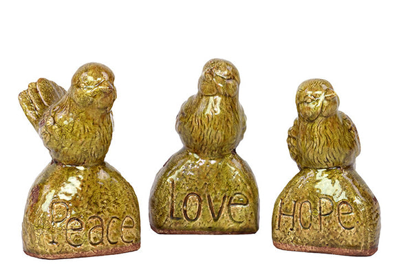 Delightful and Adorable Ceramic Bird on Stone Set of Three Etched with Peace, Love and Hope