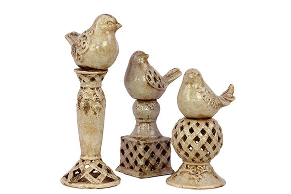 Antiquated Ceramic Bird Deco Set of Three on Stand with Beautiful Motif