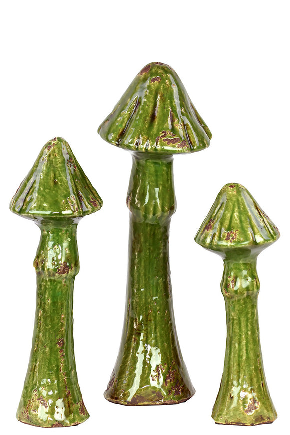 Elegantly Sculpted Ceramic Mushroom Set of Three in Green