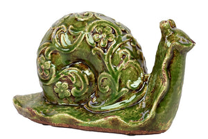 Elegant and Steady Ceramic Snail with Beautiful Floral Motif in Green (Large)