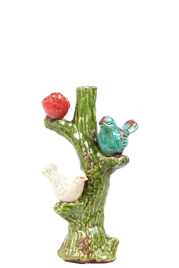 Adorable Red, Blue and White Ceramic Birds Sitting on Tree