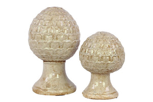 Antique Ceramic Deco Set of Two Egg Shaped Décor Items on Stand with Elegant Pattern in White