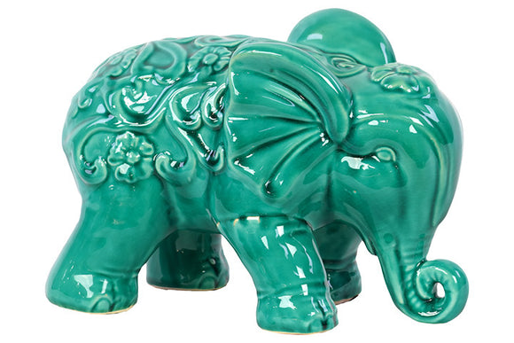 Embellished with Beautiful Motifs Adorable Ceramic Elephant in Turquoise