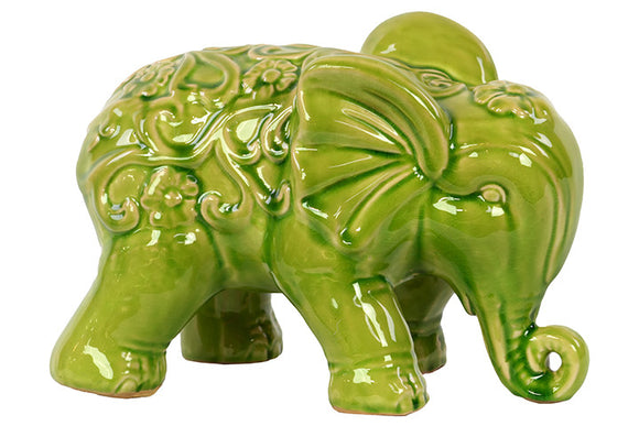 Embellished with Beautiful Motifs Adorable Ceramic Elephant in Green