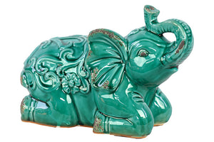 Sitting Ceramic Elephant with Raised Trunk Embellished with Beautiful Motif on the Back in Turquoise