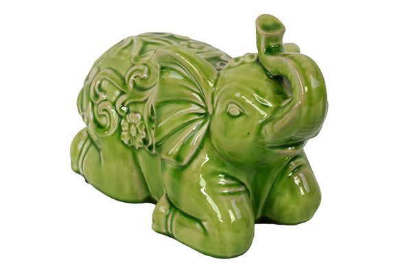 Sitting Ceramic Elephant with Raised Trunk Embellished with Beautiful Motif on the Back in Green