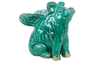 Cute and Endearing Antiquated Ceramic Flying Pig in Turquoise