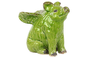 Cute and Endearing Antiquated Ceramic Flying Pig in Green