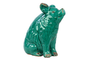 Antiquated Adorable Sitting Ceramic Pig in Turquoise