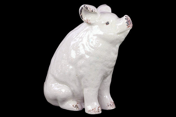 Antiquated Adorable Sitting Ceramic Pig in White