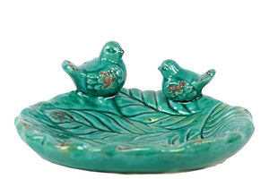 Ceramic Bird Feeder with Leaf Pattern and Two Sitting Birds in Turquoise