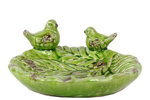 Ceramic Bird Feeder with Leaf Pattern and Two Sitting Birds in Green