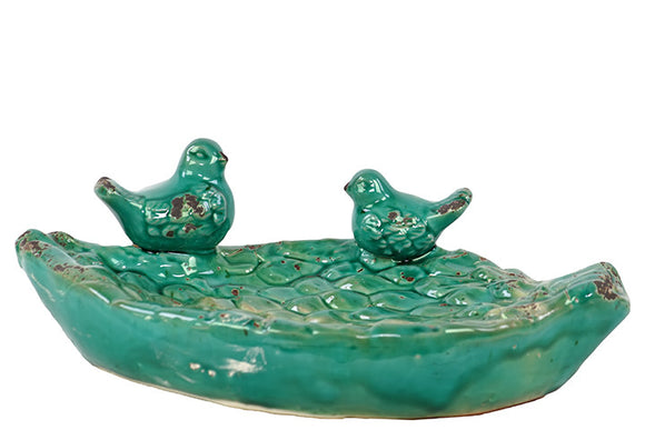 Leaf like Design Ceramic Bird Feeder with Two Adorable Sitting Birds in Turquoise