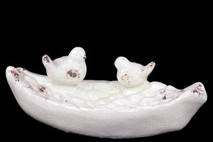 Leaf like Design Ceramic Bird Feeder with Two Adorable Sitting Birds in White