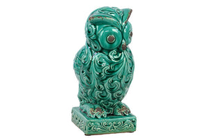 Ceramic Hooting Owl Figurine with Big Eyes and Embellished with Beautiful Motifs in Turquoise