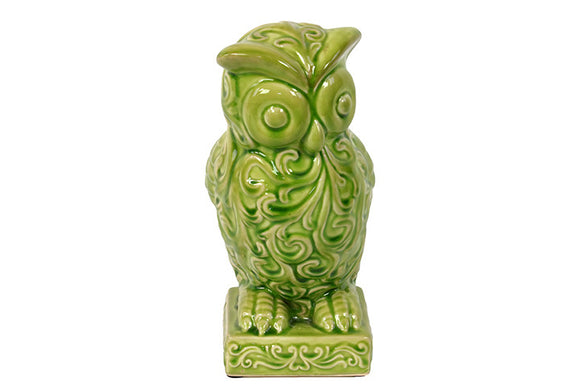 Ceramic Hooting Owl Figurine with Big Eyes and Embellished with Beautiful Motifs in Green