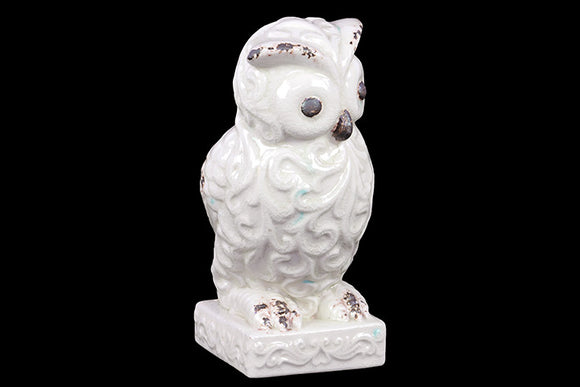 Ceramic Hooting Owl Figurine with Big Eyes and Embellished with Beautiful Motifs in White