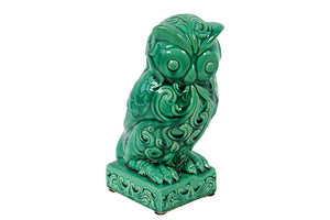 Attentive Ceramic Owl Figurine with Wide Open Eyes and Embellished with Beautiful Motifs on Stand in Turquoise