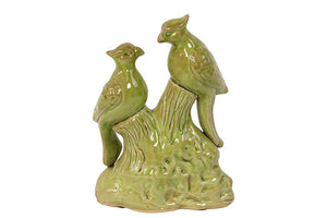 Two Charming and Sweet Twittering Ceramic Birds on Stand in Green